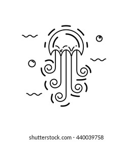 Isolated jellyfish in thin line stile. Jellyfish vector icon.