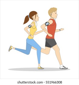 Isolated jogging couple on white background. Young and athletic man and woman with tracker. Healthy lifestyle.
