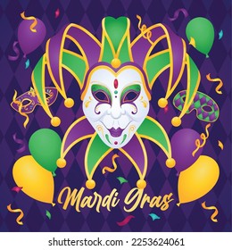 Máscara de bromista aislada con globos Afiche Mardi gras Vector