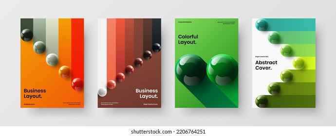 Isolated journal cover A4 vector design template bundle. Bright 3D balls front page concept set.