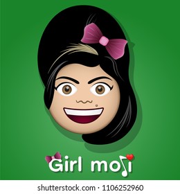 Isolated joyful girl emoticon with black hair. Isolated emoticon on green background.