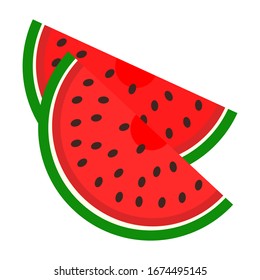 Isolated juicy and fresh red watermelon with a green crust and numerous black seeds on a white background. Halves, slices. Flat style. Vector drawing. Color icon