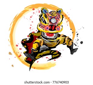 Ein isolierter Springen chinesischer Löwe in verschiedenen Farben und präsentiert sich in prächtiger Farbzeichnung. Vektorgrafik.