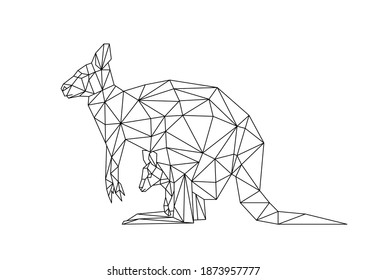 Isolated kangaroo and cub in low poly style on white background. A polygonal illustration of an marsupial animal consisting of triangles. Geometric design for printing on clothes or poster. Vector