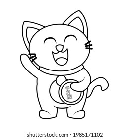 Isolated kawaii asian cat. Neko with one hand up Vector