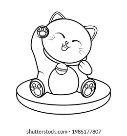 Isolated kawaii asian cat. Neko with one hand up Vector