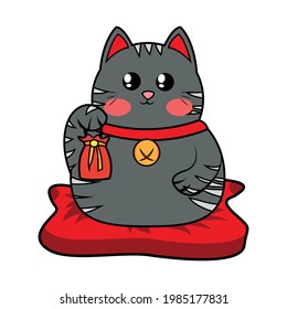 Isolated kawaii asian cat. Neko with one hand up - Vector