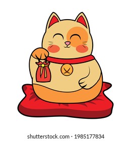 Isolated kawaii asian cat. Neko with one hand up - Vector