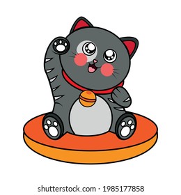 Isolated kawaii asian cat. Neko with one hand up - Vector