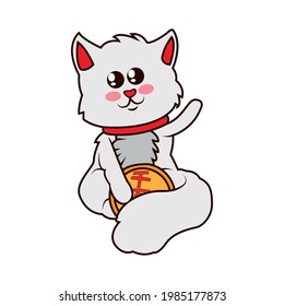 Isolated kawaii asian cat. Neko with one hand up - Vector