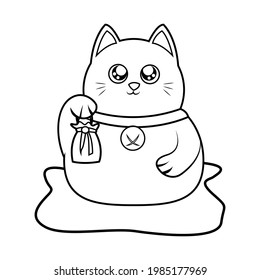 Isolated kawaii asian cat. Neko with one hand up Vector