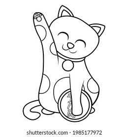 Isolated kawaii asian cat. Neko with one hand up Vector