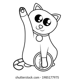 Isolated kawaii asian cat. Neko with one hand up Vector