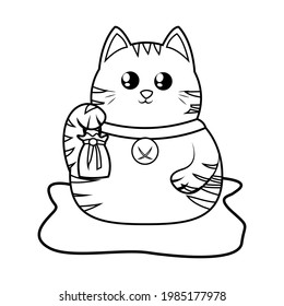 Isolated kawaii asian cat. Neko with one hand up Vector