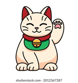 Isolated kawaii asian cat. Neko with one hand up - Vector