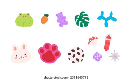 Isolated kawaii faces and elements, mushroom, gem and ball. Funny frog and bunny face, monstera leaf, carrot and pet footprint, vector set