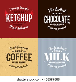 Isolated ketchup,chocolate,coffee,milk vector logo set. Natural products logotypes collection. Retro style emblems. Old school design stickers. Calligraphic elements. Modern font. 