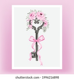 Isolated Key Pink Flower Wreath Ribbon Watercolor