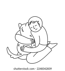 Isolated of a kid hugging a dog, black outline cartoon.