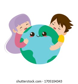 Isolated kids hugging planet earth - Vector illustration