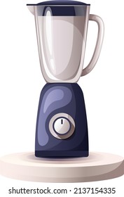 Isolated kitchen electric blender on a 3D podium. Modern household kitchen equipment device a blender. Smoothie maker. Empty mixer. Vector illustration.