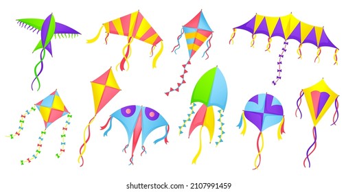 Isolated kite. Cartoon colorful kites, summer kids toys for outdoor plays. Happy wind festival elements, air flying simple objects, neat vector set