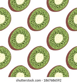 Isolated kiwi fruit doodle seamless pattern. Green healthy organic slices on white background. Designed for fabric design, textile print, wrapping, cover. Vector illustration.