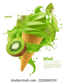 Cono de helados blandos de kiwi aislado con salpicaduras. Remolque de helado verde verde vectorial 3d en taza de wafer con torunda de salsa, trozo de fruta y gotas líquidas. Postre de verano, comida cremosa dulce