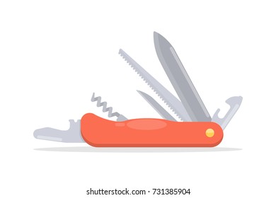 Isolated knife. Red penknife on white background.