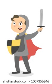 Isolated knight boy with sword and shield on white.