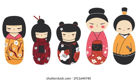 Colección de esquema transparente de muñecas kokeshi aisladas. Conjunto de varios símbolos culturales tradicionales de Japón. Cute geisha, samurai toys caricatura clipart.