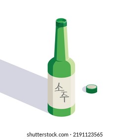 isolated Korean beverage soju isometric 3d vector illustration, open soju bottle with cap, green soju bottle illustration || Translation: Soju. Liquor, Korean Alcoholic Beverage