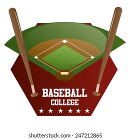 an isolated label with a baseball field, a pair of wooden bats and text