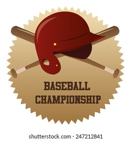 an isolated label with a baseball hat and a pair of baseball bats