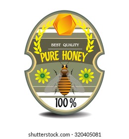 Isolated label with bee and the text pure honey written with yellow letters
