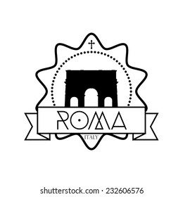 an isolated label with a black silhouette of the arc of constantine