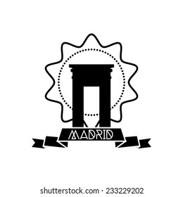 an isolated label with a black silhouette of the arc of victory in madrid