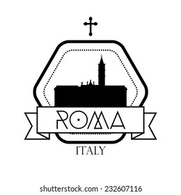an isolated label with a black silhouette of the basilica of saint maria