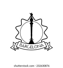 an isolated label with a black silhouette of the monument of cristobal colon