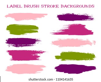 Isolated label brush stroke backgrounds, paint or ink smudges vector for tags and stamps design. Painted label backgrounds patch. Interior colors guide book samples. Ink smudges, magenta green spots.