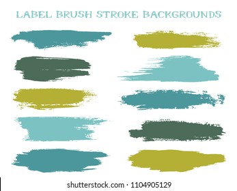 Isolated label brush stroke backgrounds, paint or ink smudges vector for tags and stamps design. Painted label backgrounds patch. Interior colors scheme swatches. Ink smudges, stains, teal khaki spots