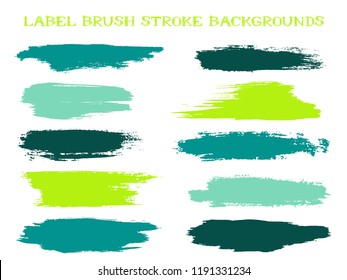 Isolated label brush stroke backgrounds, paint or ink smudges vector for tags and stamps design. Painted label backgrounds patch. Color combinations catalog elements. Ink dabs, sea green teal splashes
