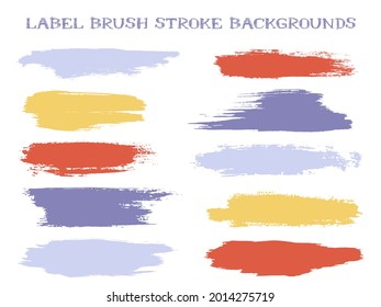 Isolated label brush stroke backgrounds, paint or ink smudges vector for tags and stamps design. Painted label backgrounds patch. Vector ink color palette samples. Ink smudges, red blue yellow spots.
