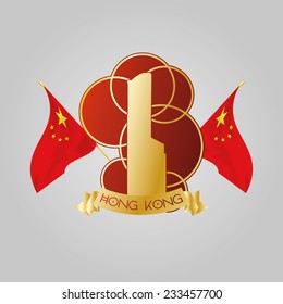 an isolated label with Chinese flags and a famous building in Hong Kong