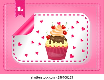 Isolated label with cupcake and hearts on pink background