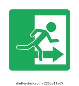 Isolated label design sign of emergency exit in white and green. With illustration man running through doorway and arrow direction.