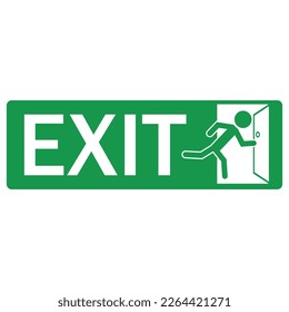 Signo de diseño de etiqueta aislada de salida de emergencia en blanco y verde. Con el hombre de la ilustración corriendo por la puerta y la dirección de la flecha, diseño de pegatinas imprimibles