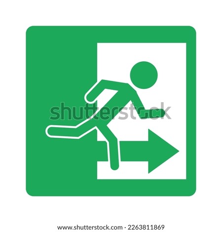 Isolated label design sign of emergency exit in white and green. With illustration man running through doorway and arrow direction.