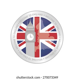 Isolated label with a flag of united kingdom and a monument. Vector illustration