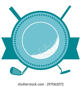 Isolated label with a golf ball, a ribbon and clubs. Vector illustration